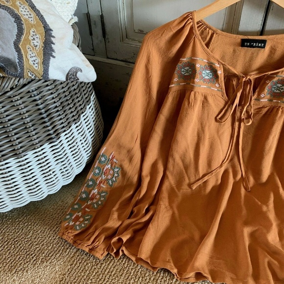 Plus Size Embroidered Long Sleeve Mustard Blouse - Picture 3 of 8